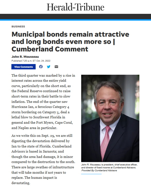 Municipal bonds remain attractive and long bonds even more so - Cumberland Comment by John R. Mousseau